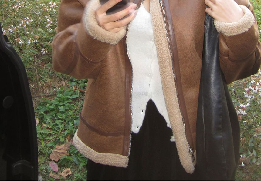 Stand Collar Faux Shearling Zip Jacket