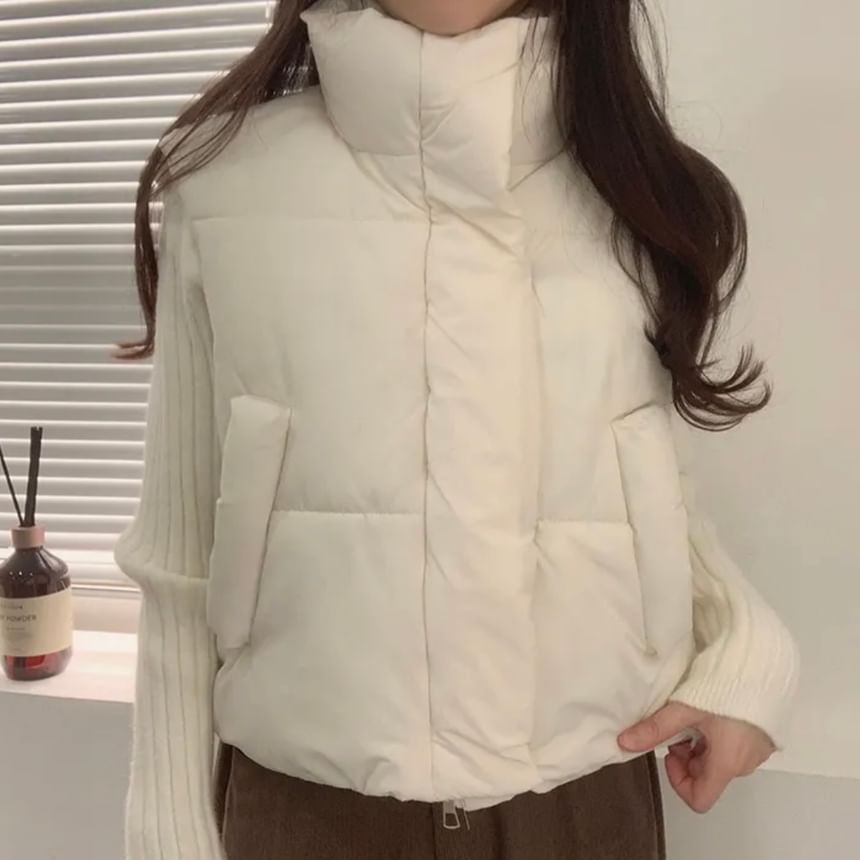 Stand Collar Plain Zip Puffer Vest