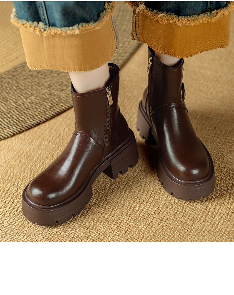 Platform Plain Buckled Zip-Up Genuine Leather Short Boots