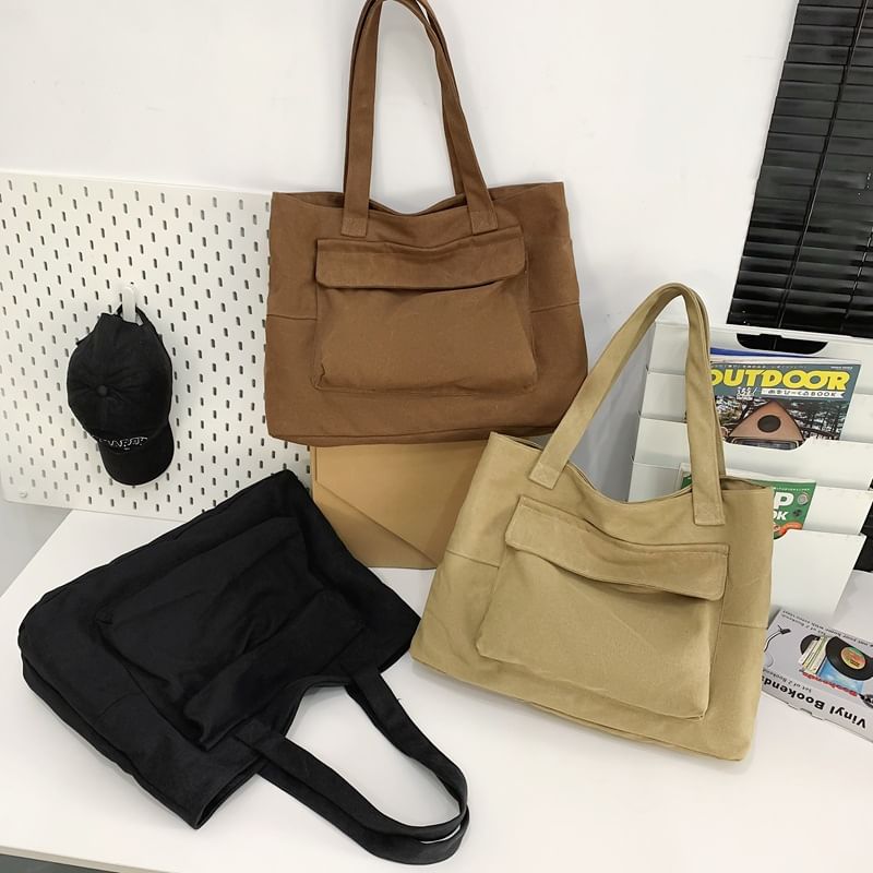 Tote Plain Flap Bag Canvas Pocket