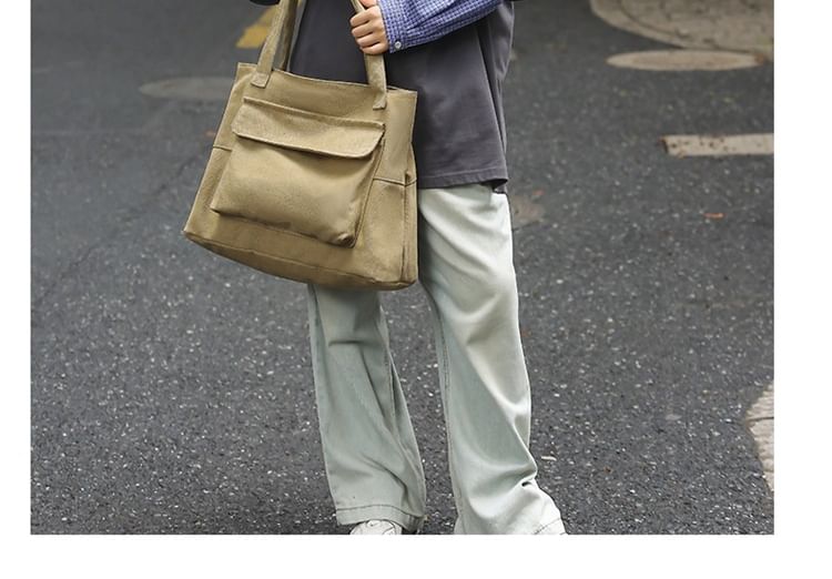 Tote Plain Flap Bag Canvas Pocket