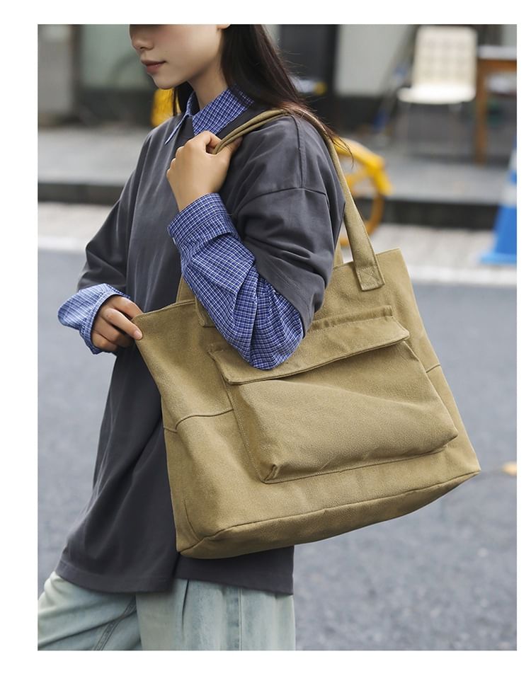 Tote Plain Flap Bag Canvas Pocket