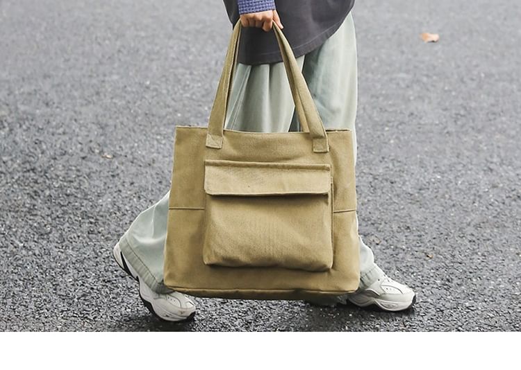 Tote Plain Flap Bag Canvas Pocket