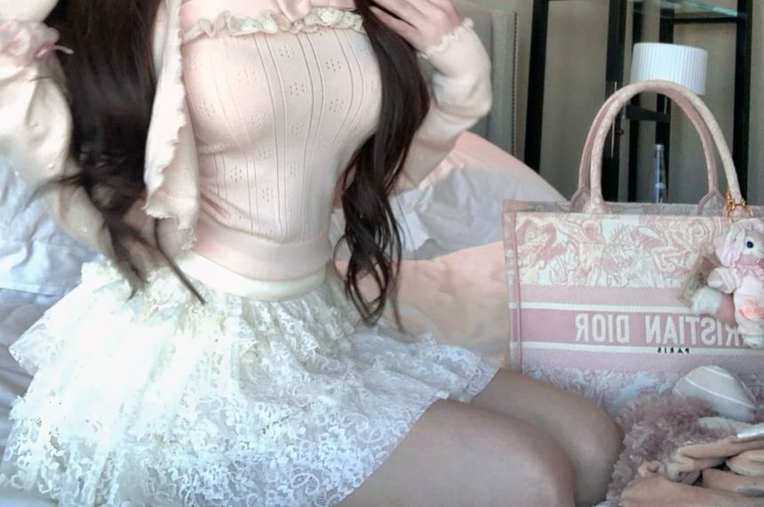 A-Line Cami Waist Top Mini / Plain Knit Skirt Trim Ribbed Mid Lace Ruffle Cardigan Bowknot