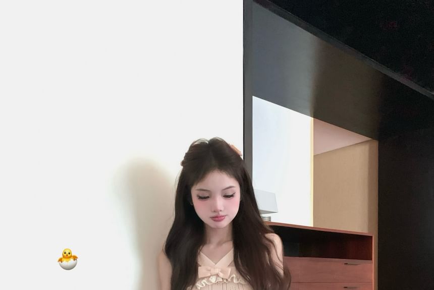 A-Line Cami Waist Top Mini / Plain Knit Skirt Trim Ribbed Mid Lace Ruffle Cardigan Bowknot