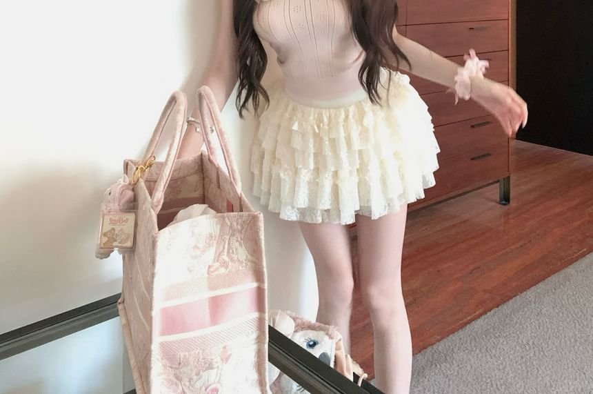 A-Line Cami Waist Top Mini / Plain Knit Skirt Trim Ribbed Mid Lace Ruffle Cardigan Bowknot