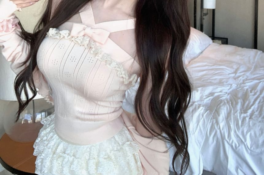 A-Line Cami Waist Top Mini / Plain Knit Skirt Trim Ribbed Mid Lace Ruffle Cardigan Bowknot