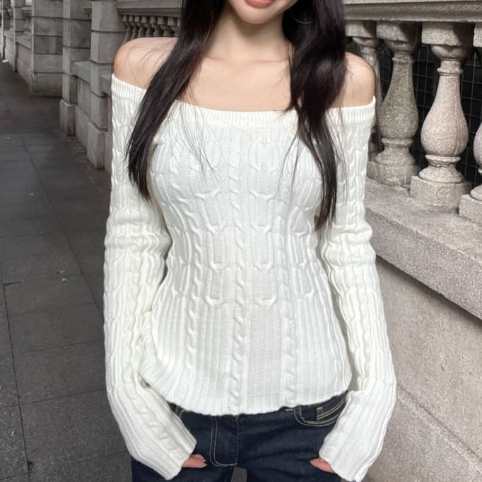 Sweater Cable Knit Scoop Plain Neck