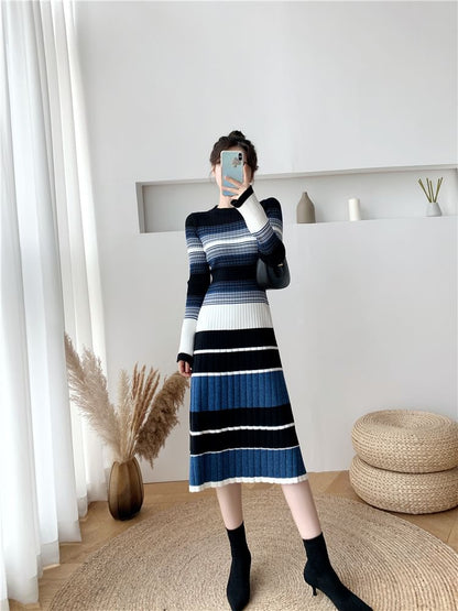 Long-Sleeve Crew Neck Striped Ribbed Knit Midi A-Line Dress