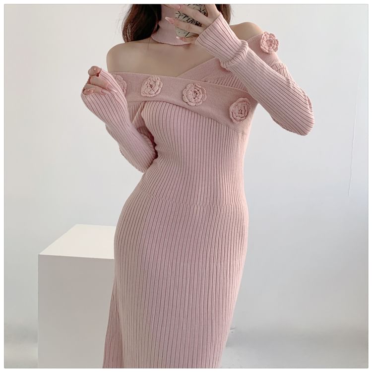 Long-Sleeve Off-Shoulder Plain Flower Detail Ribbed Knit Maxi Sheath Dress