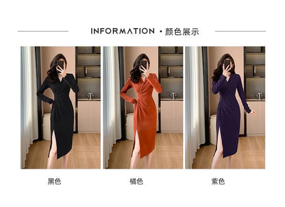 Long-Sleeve V-Neck Plain Side-Slit Ruched Midi Sheath Dress