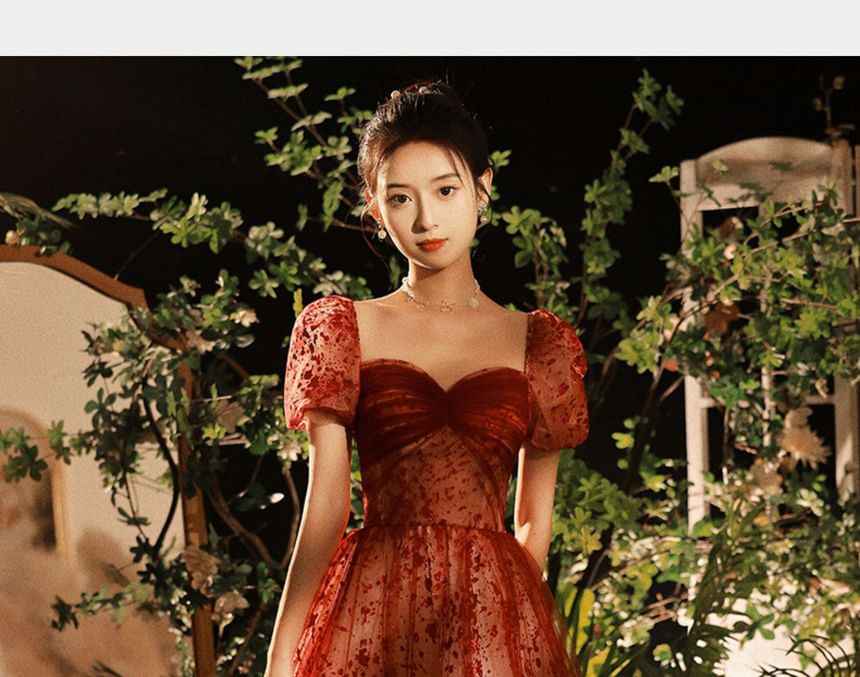 Puff-Sleeve Patterned Sequin A-Line Evening Gown