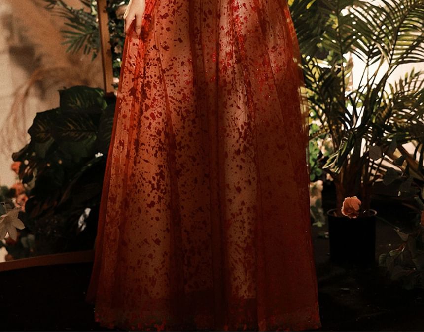 Puff-Sleeve Patterned Sequin A-Line Evening Gown