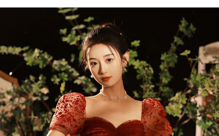 Puff-Sleeve Patterned Sequin A-Line Evening Gown