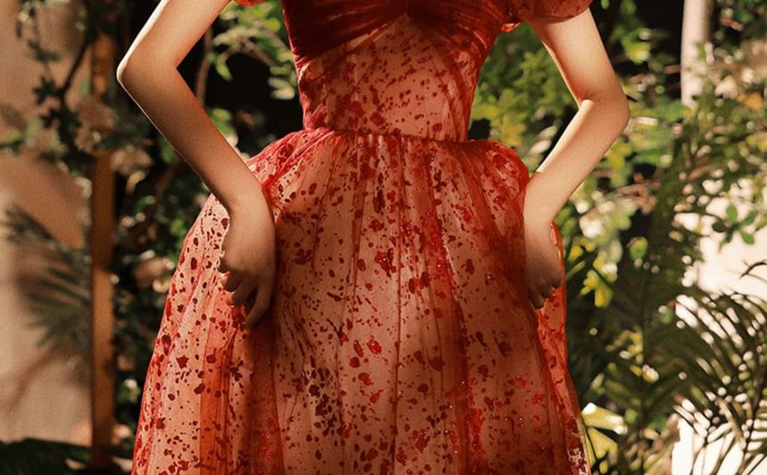 Puff-Sleeve Patterned Sequin A-Line Evening Gown