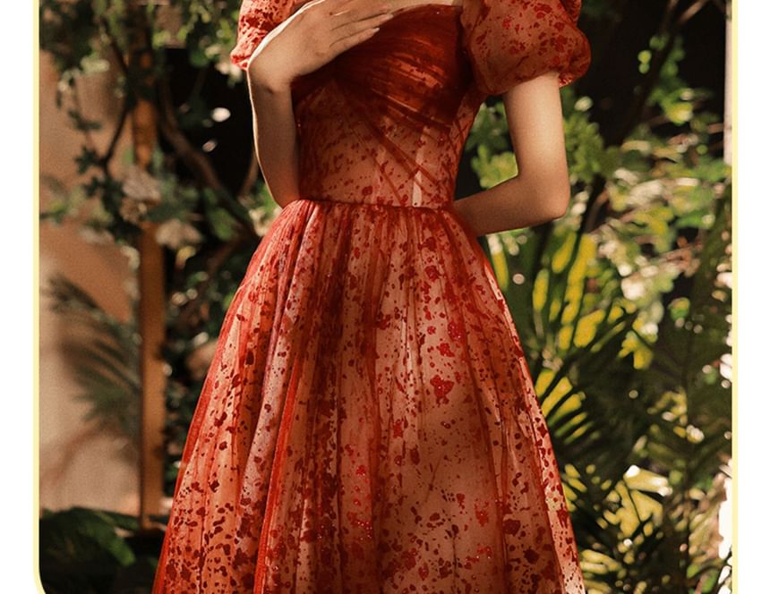 Puff-Sleeve Patterned Sequin A-Line Evening Gown