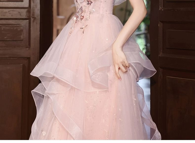 Short-Sleeve Floral Sequin Ruffle A-Line Evening Gown