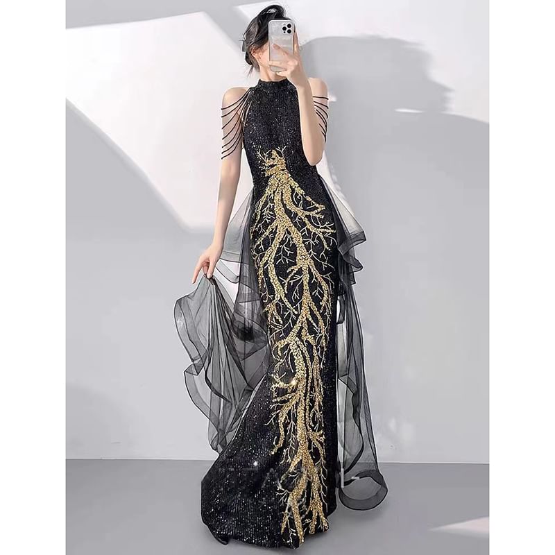 Sleeveless Mock Neck Sequined Mermaid Evening Gown
