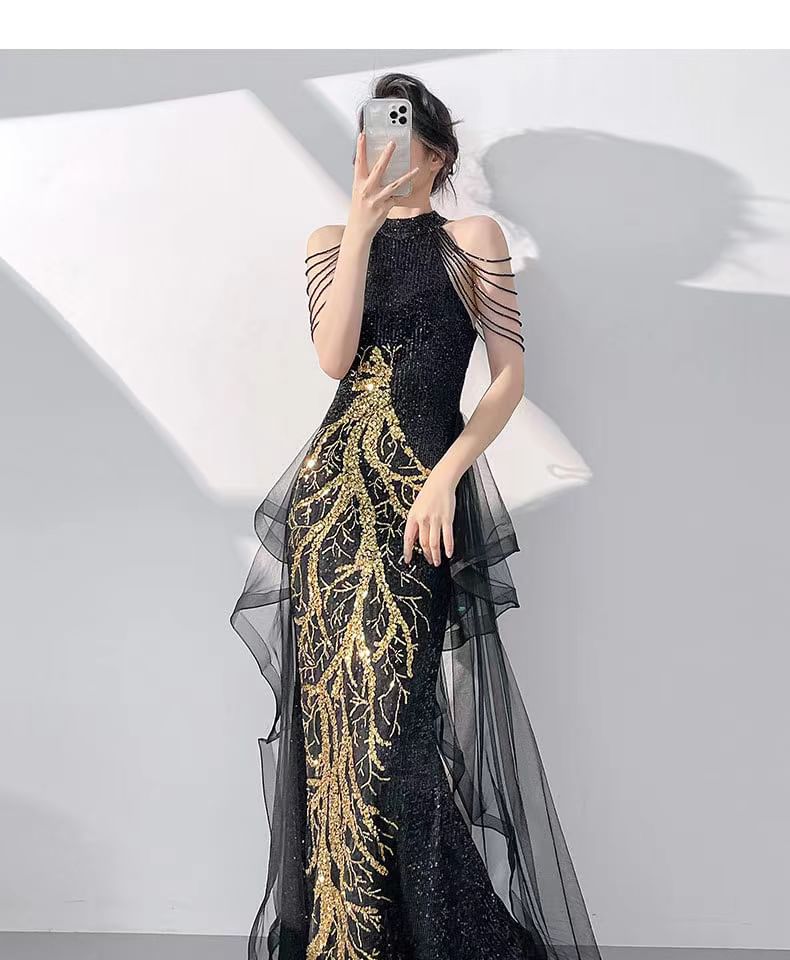 Sleeveless Mock Neck Sequined Mermaid Evening Gown