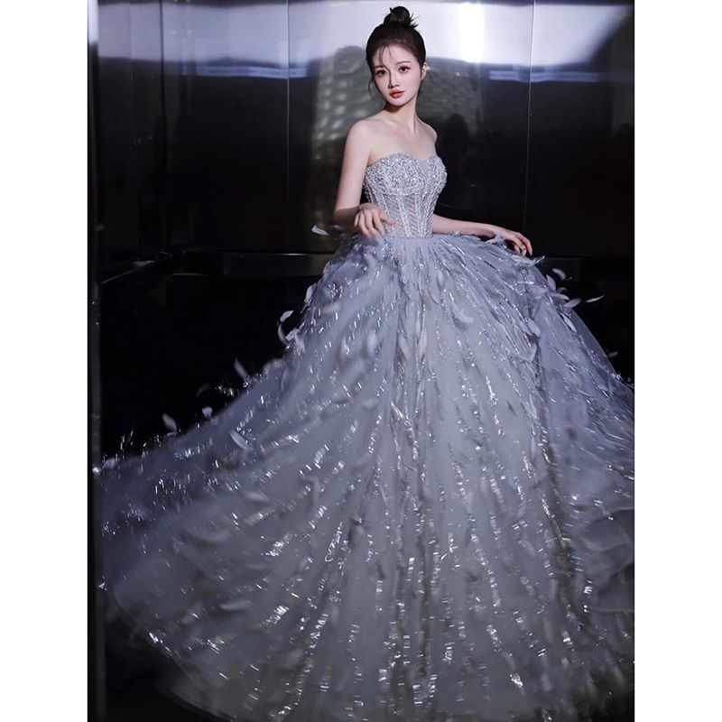 Strapless Sequin Feather A-Line Evening Gown