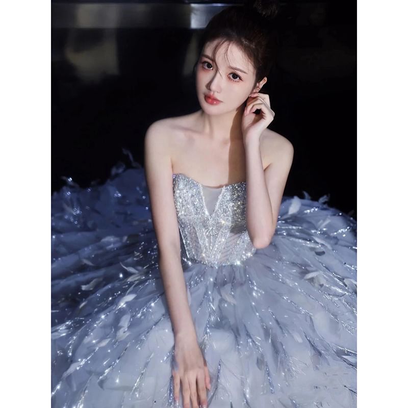 Strapless Sequin Feather A-Line Evening Gown