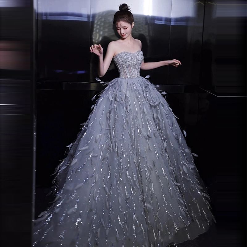 Strapless Sequin Feather A-Line Evening Gown