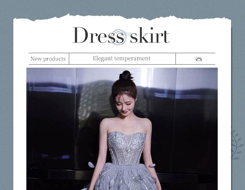 Strapless Sequin Feather A-Line Evening Gown