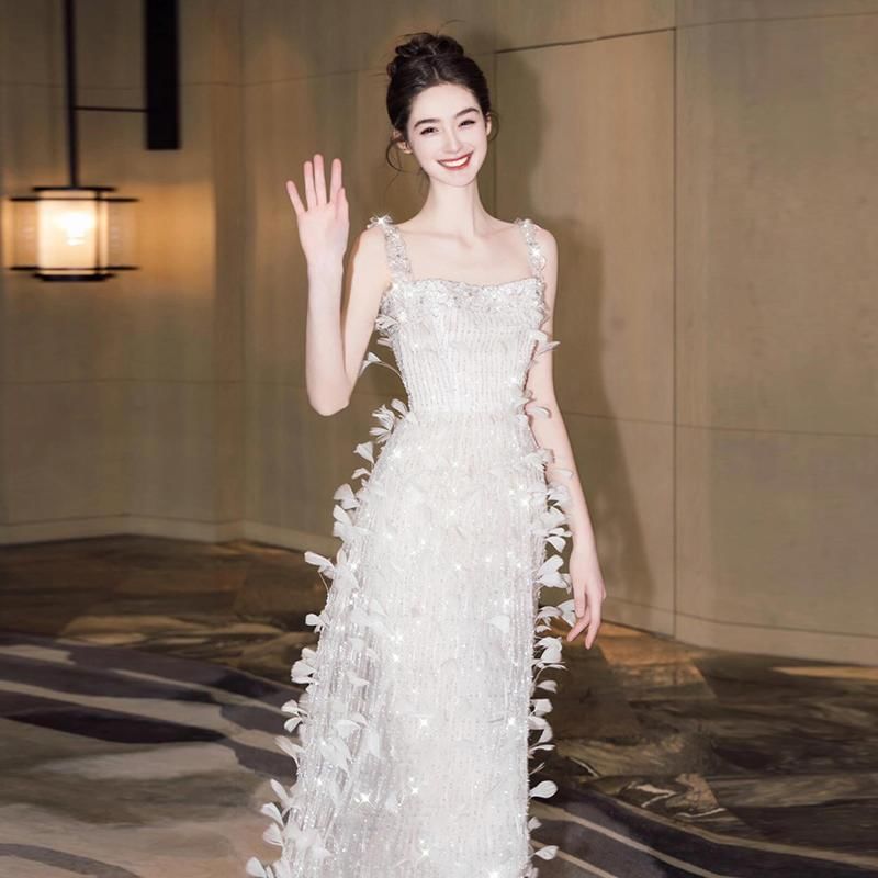 Spaghetti Strap Square Neck Sequin Feather Sheath Evening Gown