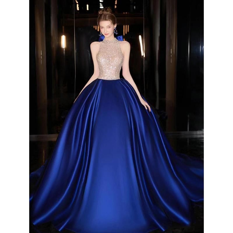 Halter Neck Sleeveless Sequined Two Tone Evening Ball Gown