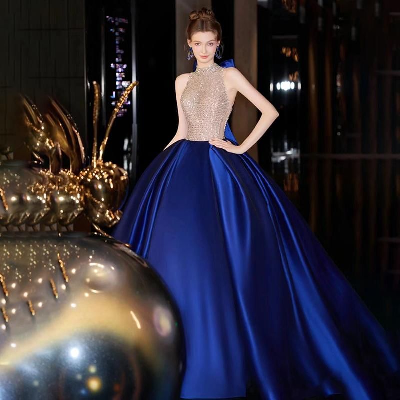 Halter Neck Sleeveless Sequined Two Tone Evening Ball Gown