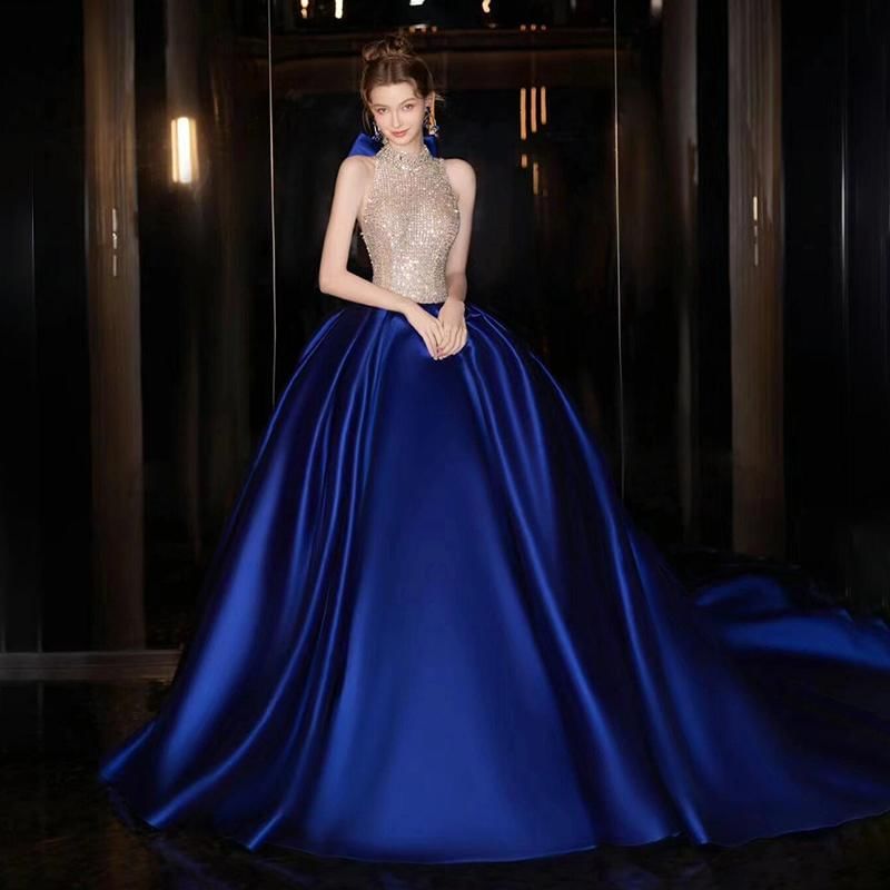 Halter Neck Sleeveless Sequined Two Tone Evening Ball Gown