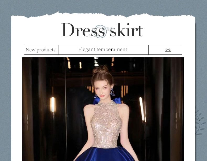 Halter Neck Sleeveless Sequined Two Tone Evening Ball Gown