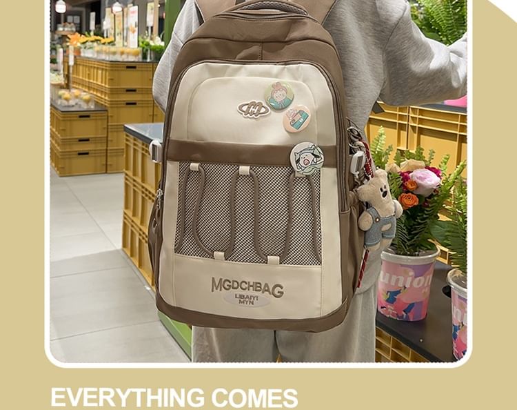 Drawstring Brooch Backpack / Nylon Set Embroidered Lettering Panel Mesh