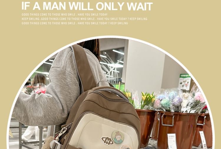 Drawstring Brooch Backpack / Nylon Set Embroidered Lettering Panel Mesh