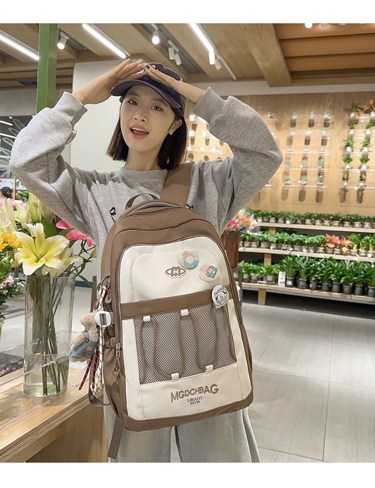 Drawstring Brooch Backpack / Nylon Set Embroidered Lettering Panel Mesh