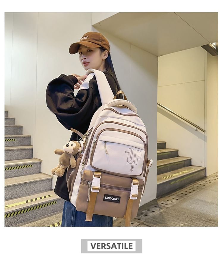 Lettering Charm Nylon Backpack Bag / Set Buckled