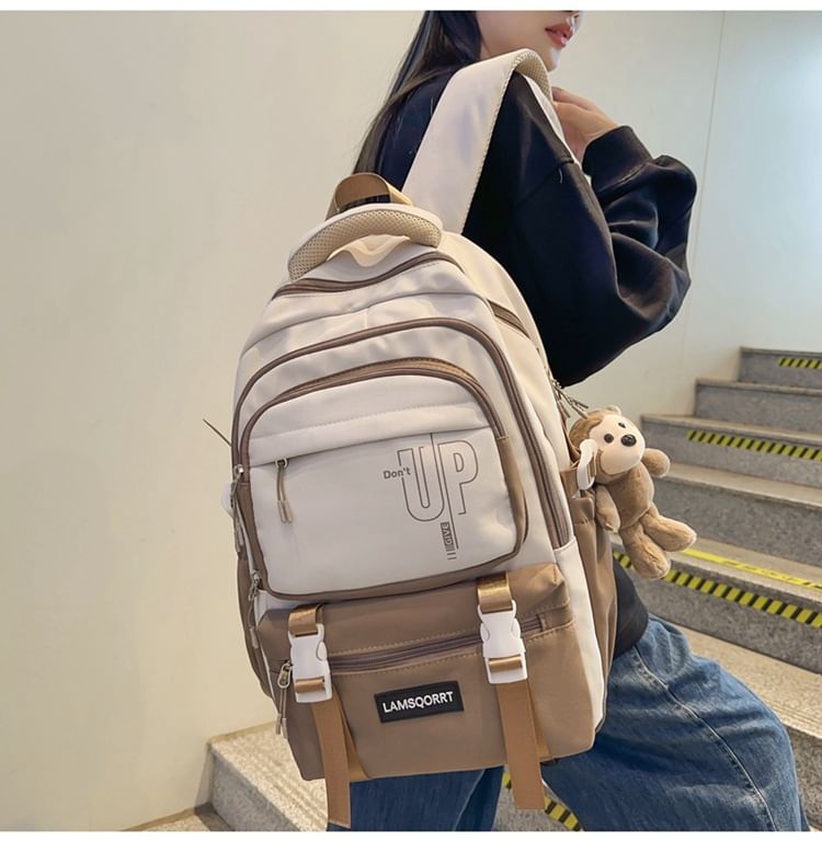 Lettering Charm Nylon Backpack Bag / Set Buckled