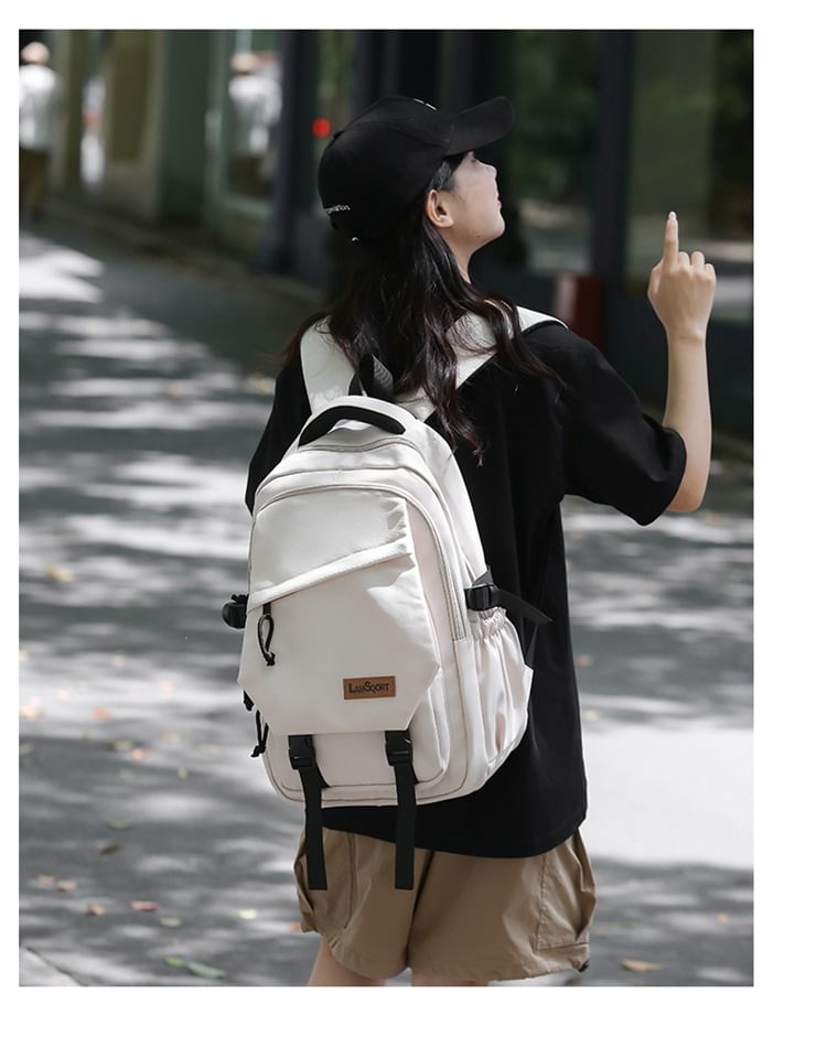 Buckled Nylon Lettering Applique Backpack