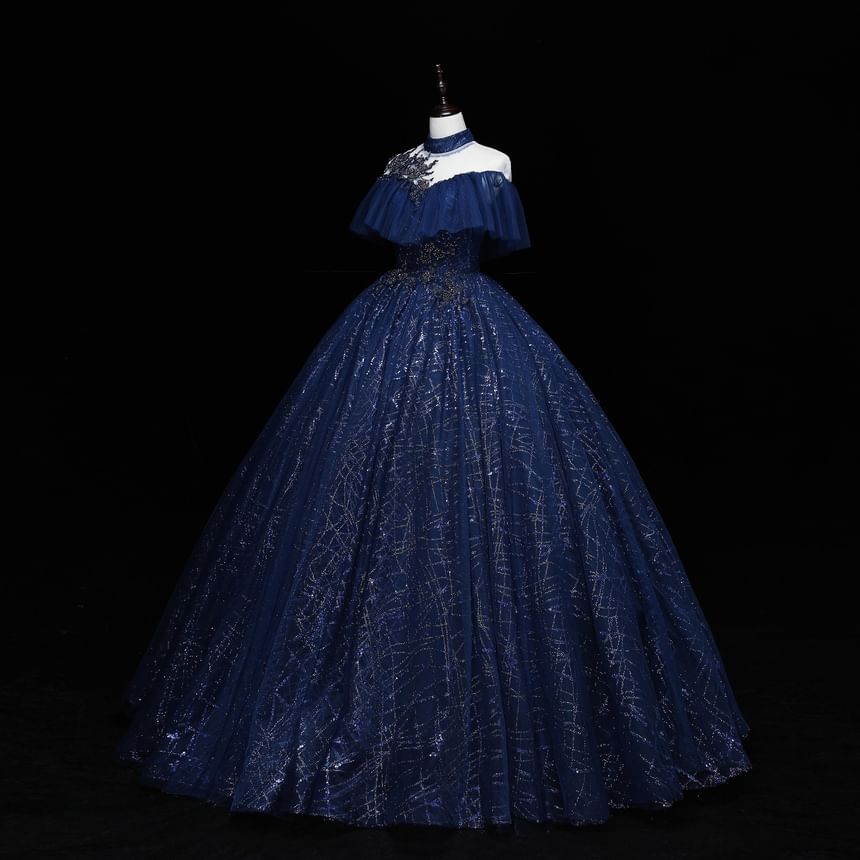 Cap-Sleeve Mock Neck Sequin Ball Gown