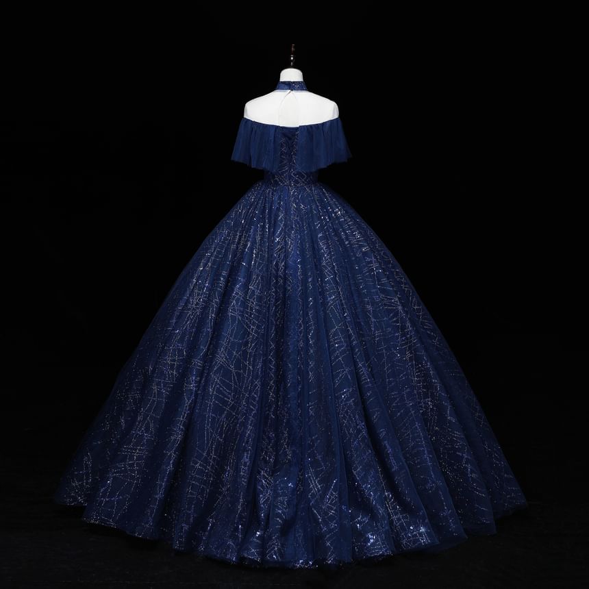 Cap-Sleeve Mock Neck Sequin Ball Gown
