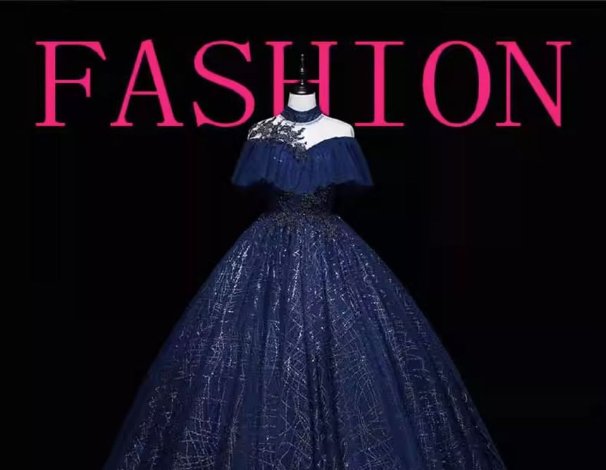 Cap-Sleeve Mock Neck Sequin Ball Gown