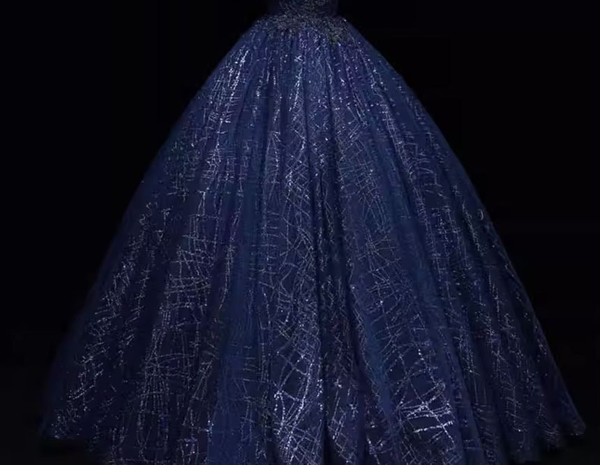 Cap-Sleeve Mock Neck Sequin Ball Gown