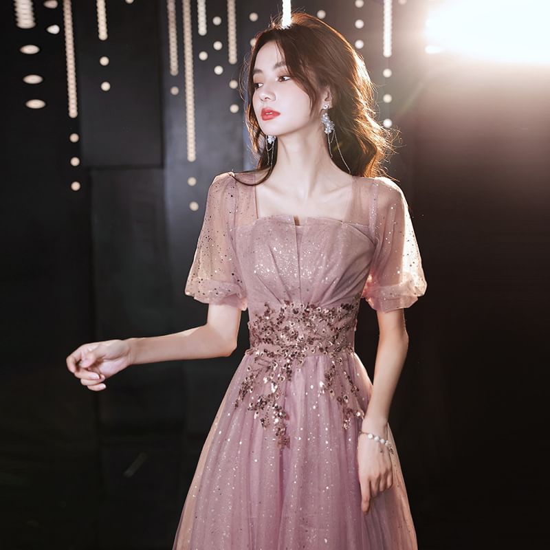 (Various Designs) Evening Gown Tulle A-Line Short-Sleeve Sequin