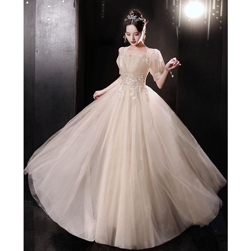 Short-Sleeve Sequin Tulle A-Line Evening Gown (Various Designs)