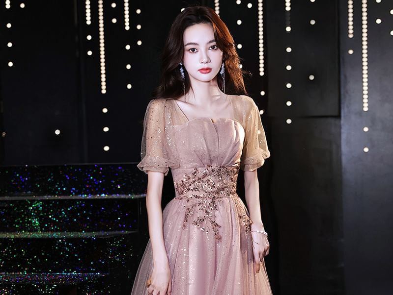 (Various Designs) Evening Gown Tulle A-Line Short-Sleeve Sequin