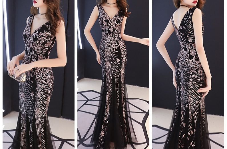 Sleeveless V-Neck Sequin Mesh Mermaid Evening Gown