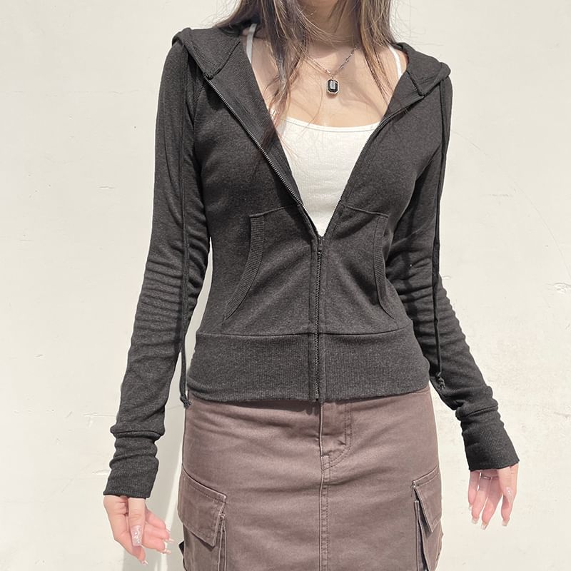 Drawstring Hoodie Up Zip Plain