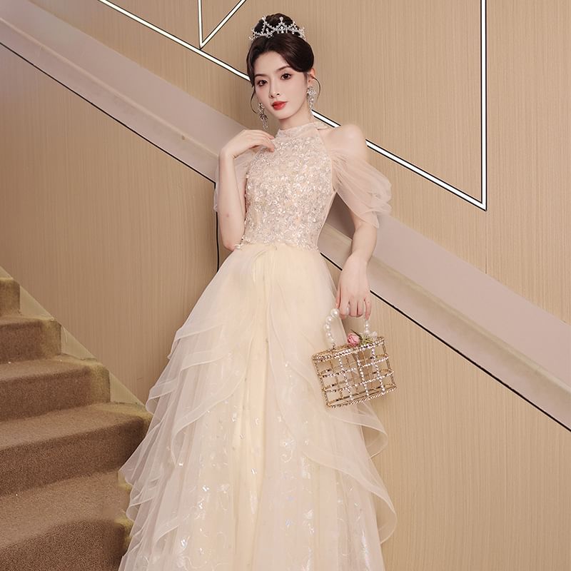 Sleeveless Cold Shoulder Sequin Panel Mesh A-Line Evening Gown