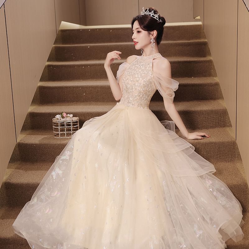 Sleeveless Cold Shoulder Sequin Panel Mesh A-Line Evening Gown