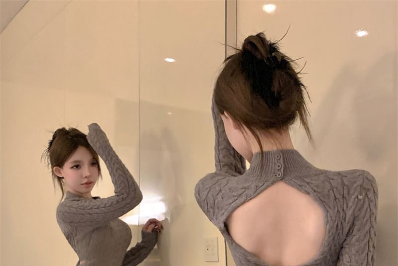 Dress Cable Mini Sheath Mock Long-Sleeve Knit Neck Open Back